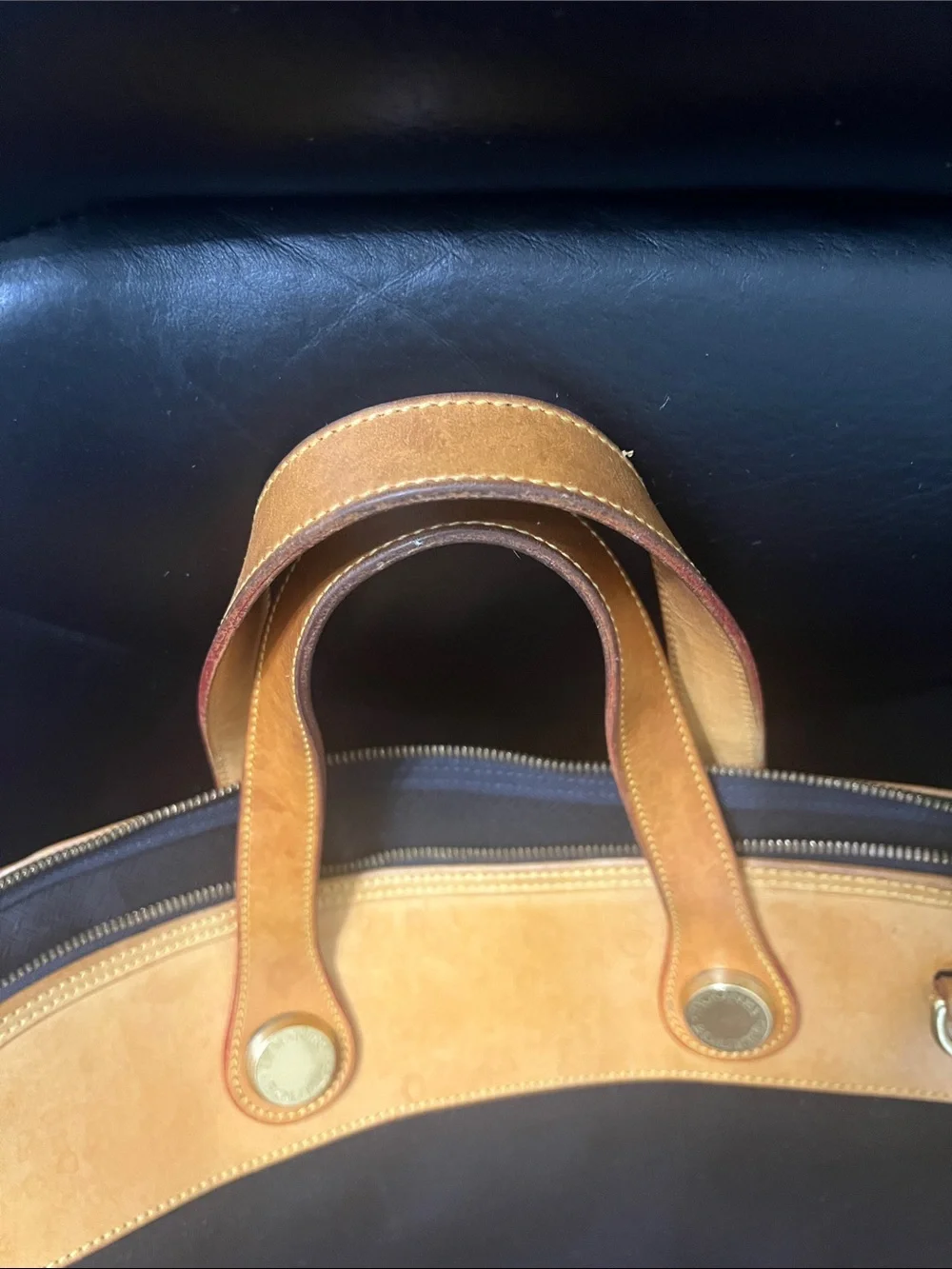 Dooney & Bourke Black and Tan Satchel with Gold Hardware